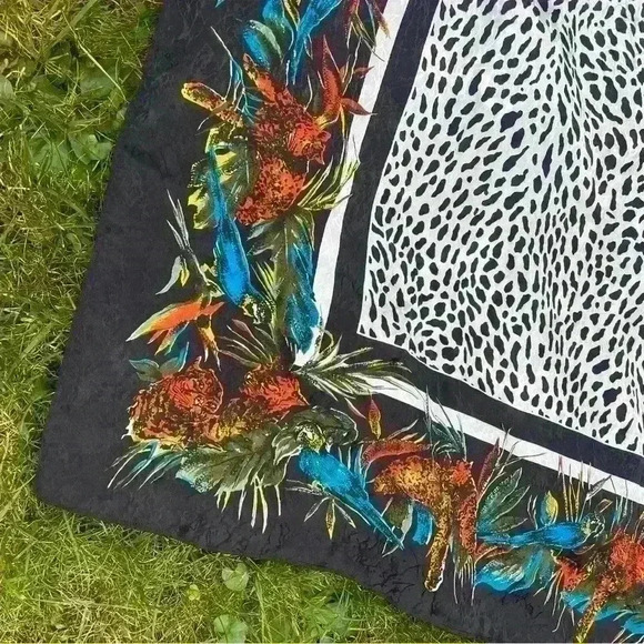 Animal Print Square 35” Scarf Neckerchief Wrap Leopards Parrots Satin - Picture 2 of 5